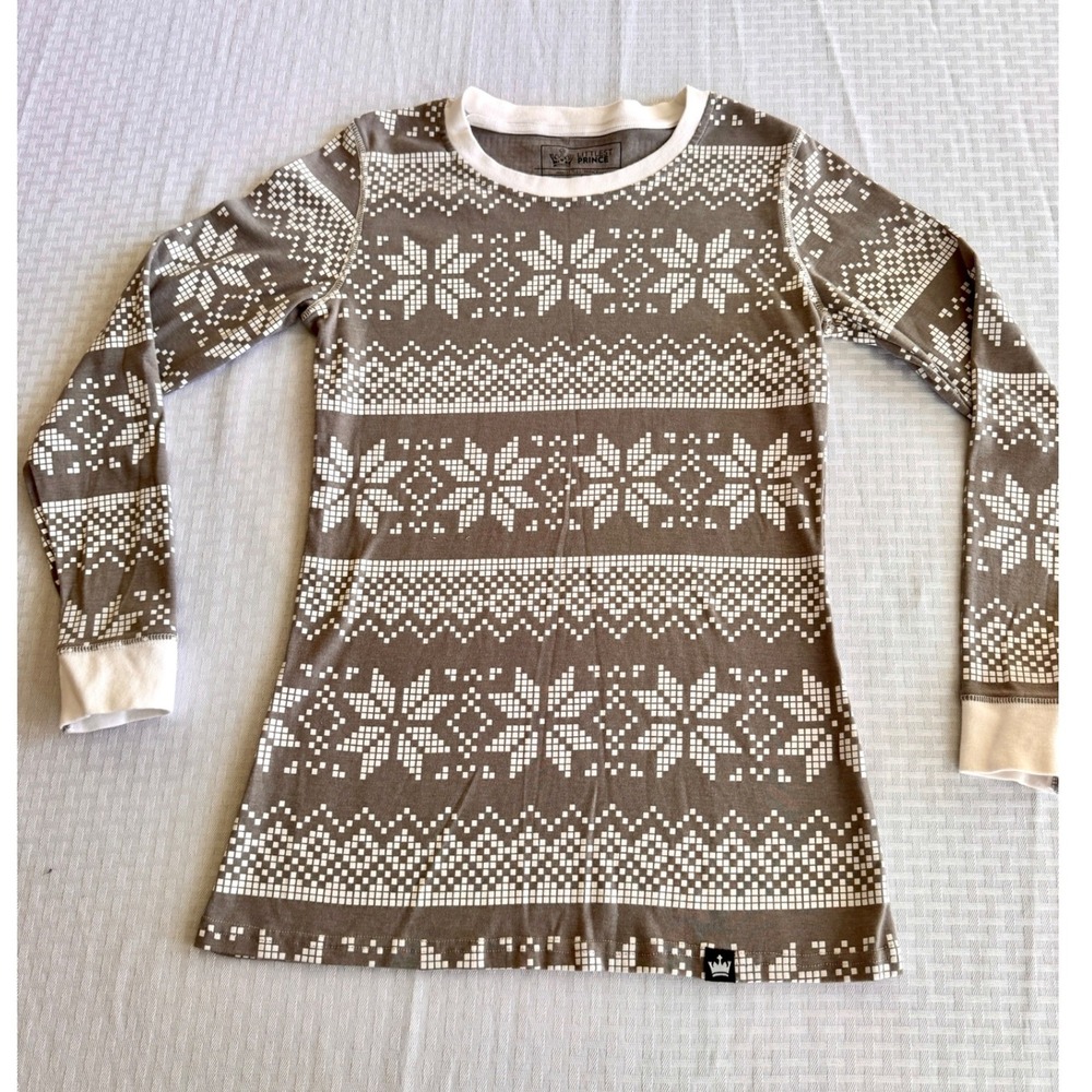 Littlest Prince Mens Medium Taupe Fair Isle Snowflake Long Sleeve Holiday Shirt